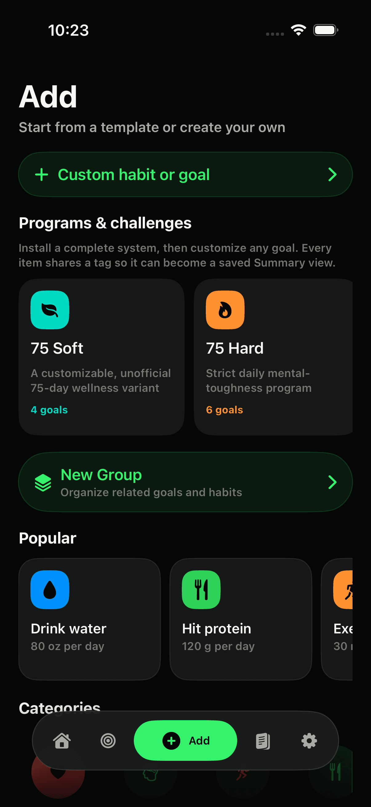 Waypoint for iPhone showing program templates, popular habits, groups, and custom goal creation